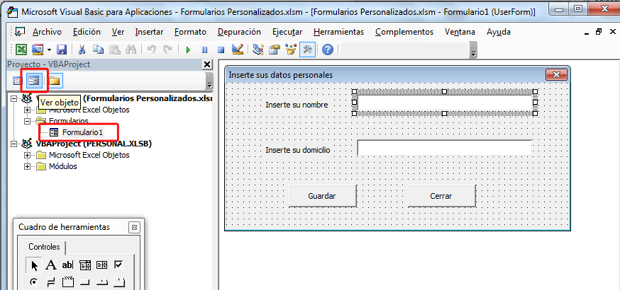 Podemos movernos entre el código y el objeto “Formulario” pulsando los botones correspondientes de la ventana Proyecto.
