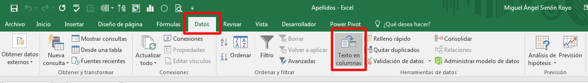 Encontraremos la opción de "Texto en columnas" dentro del grupo de botones "Herramientas de Datos" de la pestaña "Datos".