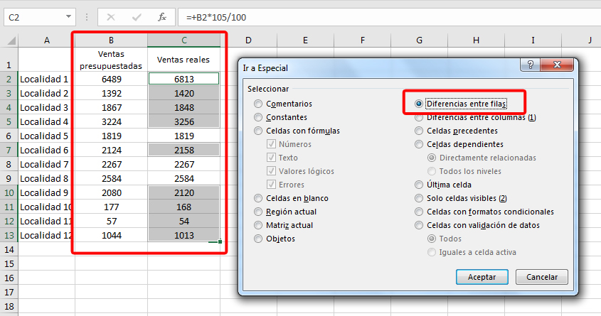 Por ejemplo, seleccionando las columnas de ventas prespuestadas y ventas reales podemos detectar muy facilmente las celdas con desviaciones y una vez seleccionadas, agregarles un color.